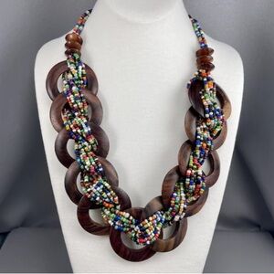 Chunky Vintage 1980s wood Ring and glass seed bead necklace